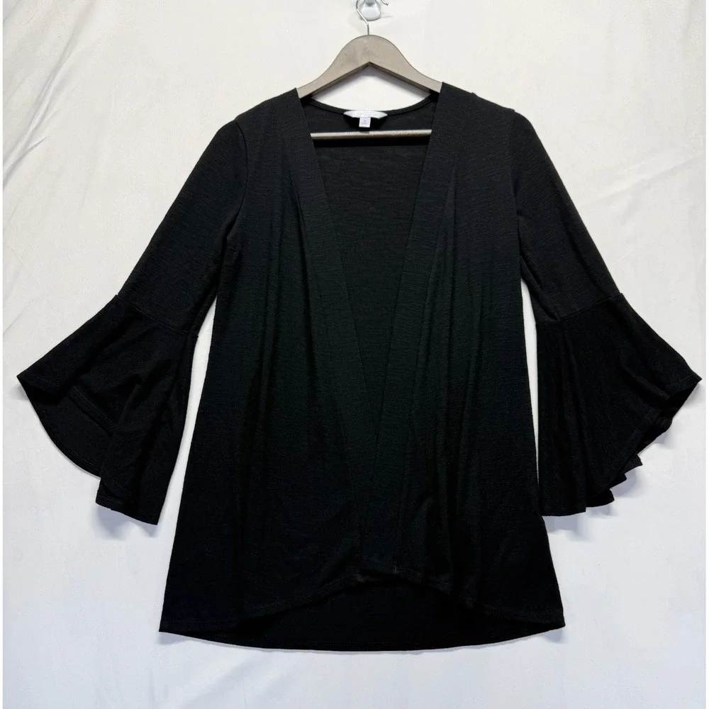 LC Lauren Conrad Knit Top Womens Small Black Stretch‎ 3/4 Bell Sleeve Open Front